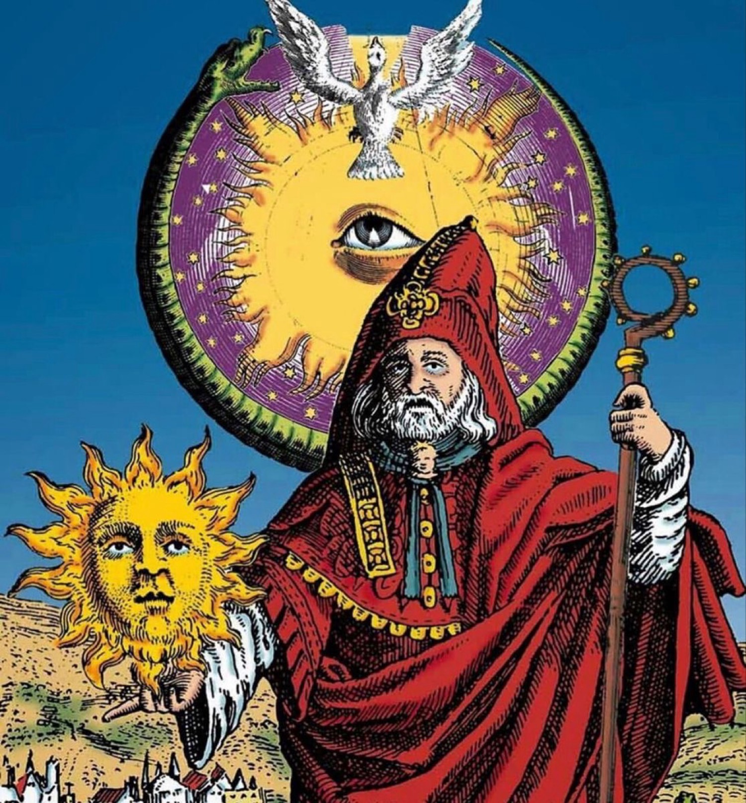 Mago solar con ojo y dragón