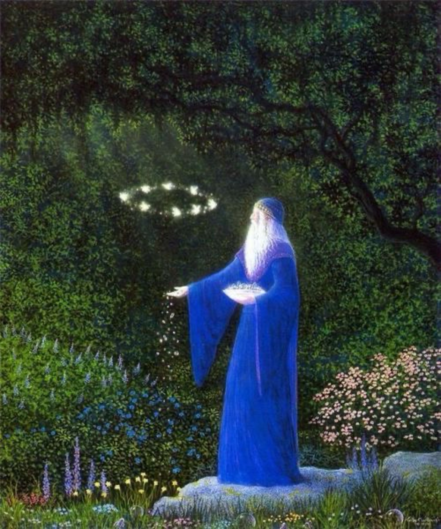 Mago azul sembrando luz en el jardín