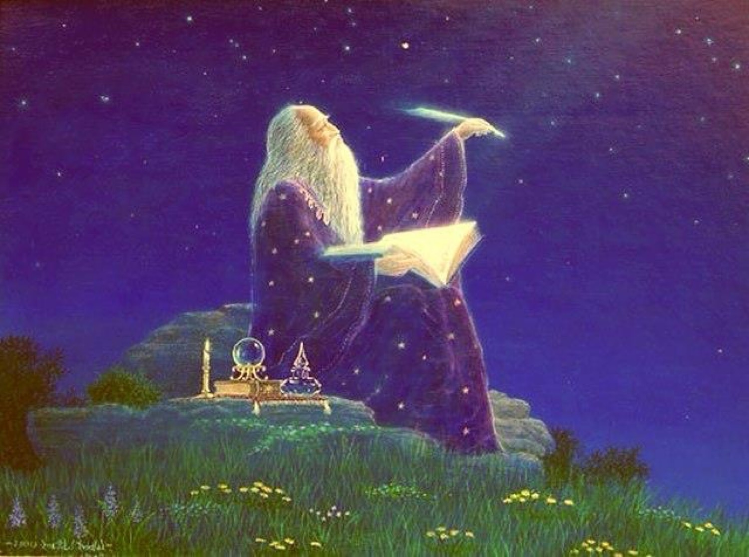 Mago leyendo bajo las estrellas