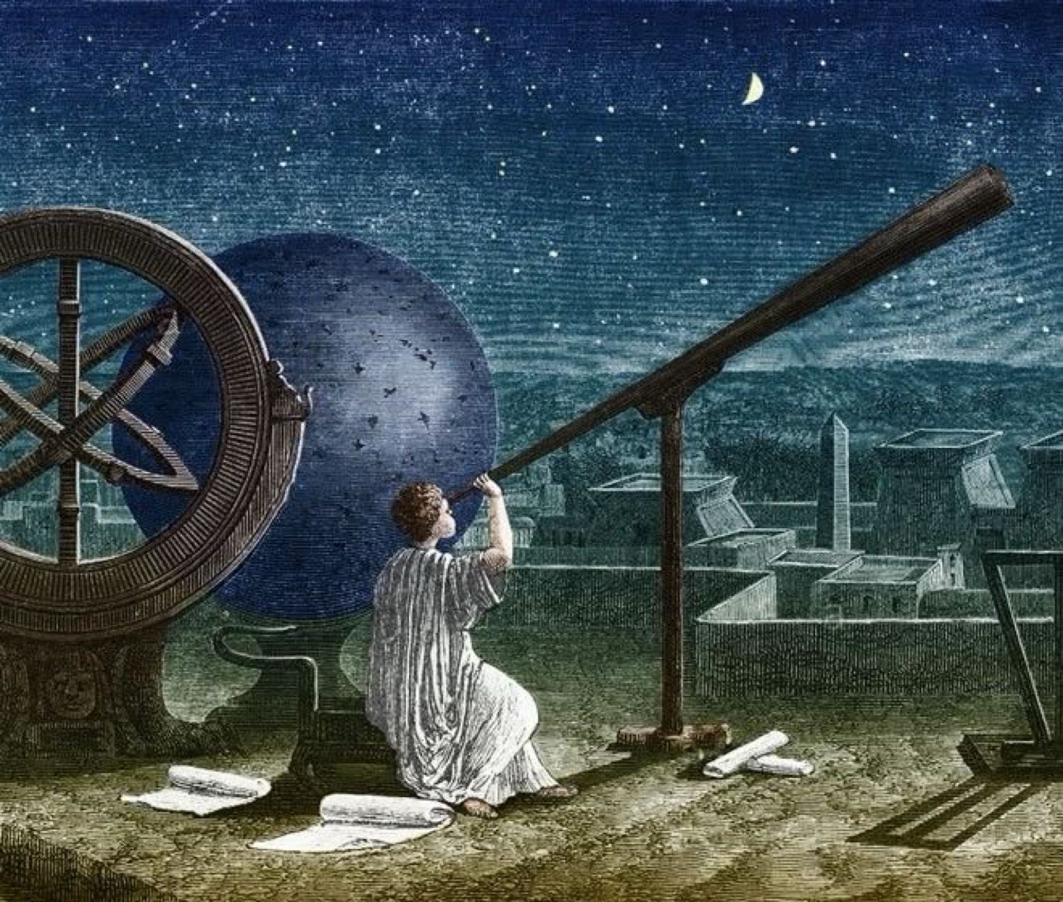 Astrónomo con telescopio y esfera