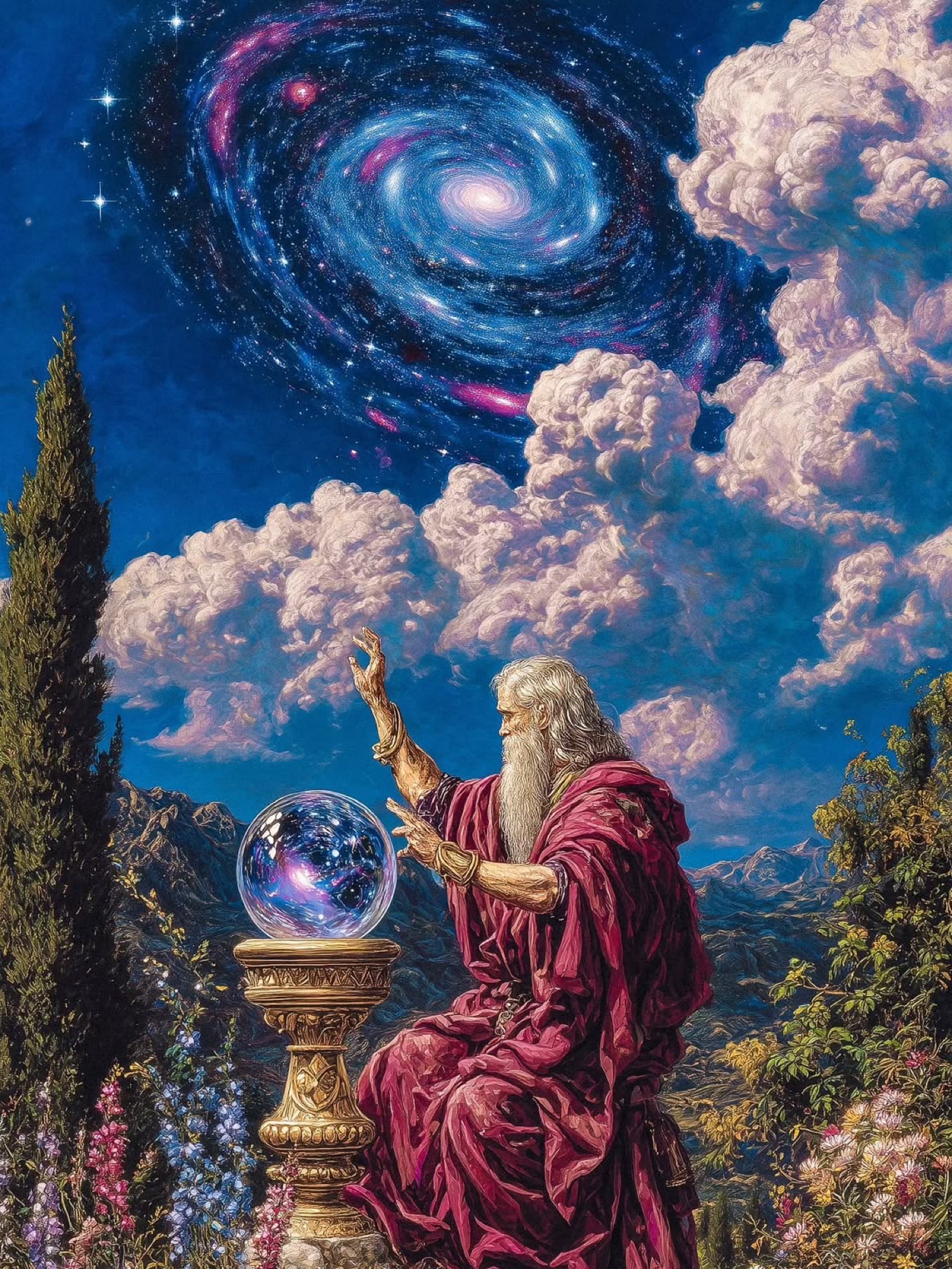 Mago y bola de cristal bajo la galaxia
