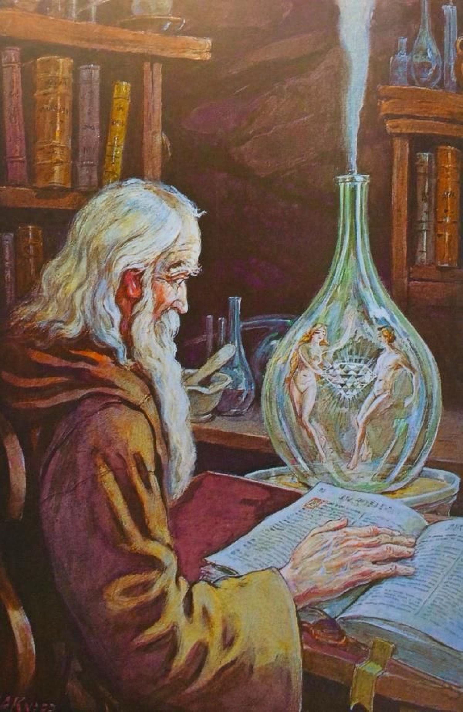 Alquimista y el homúnculo en el matraz