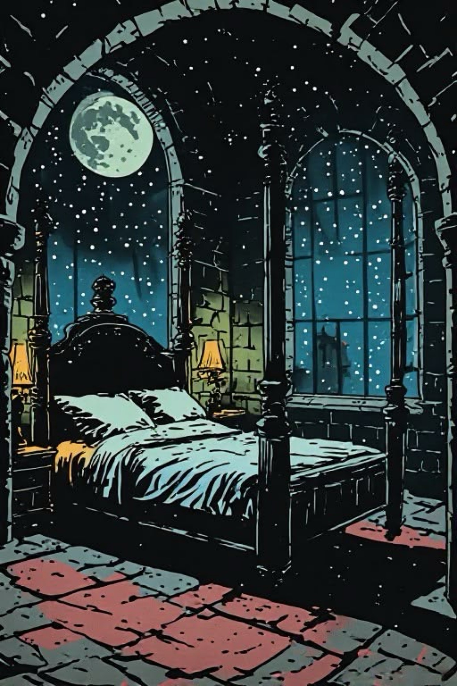 Dormitorio gótico bajo estrellas