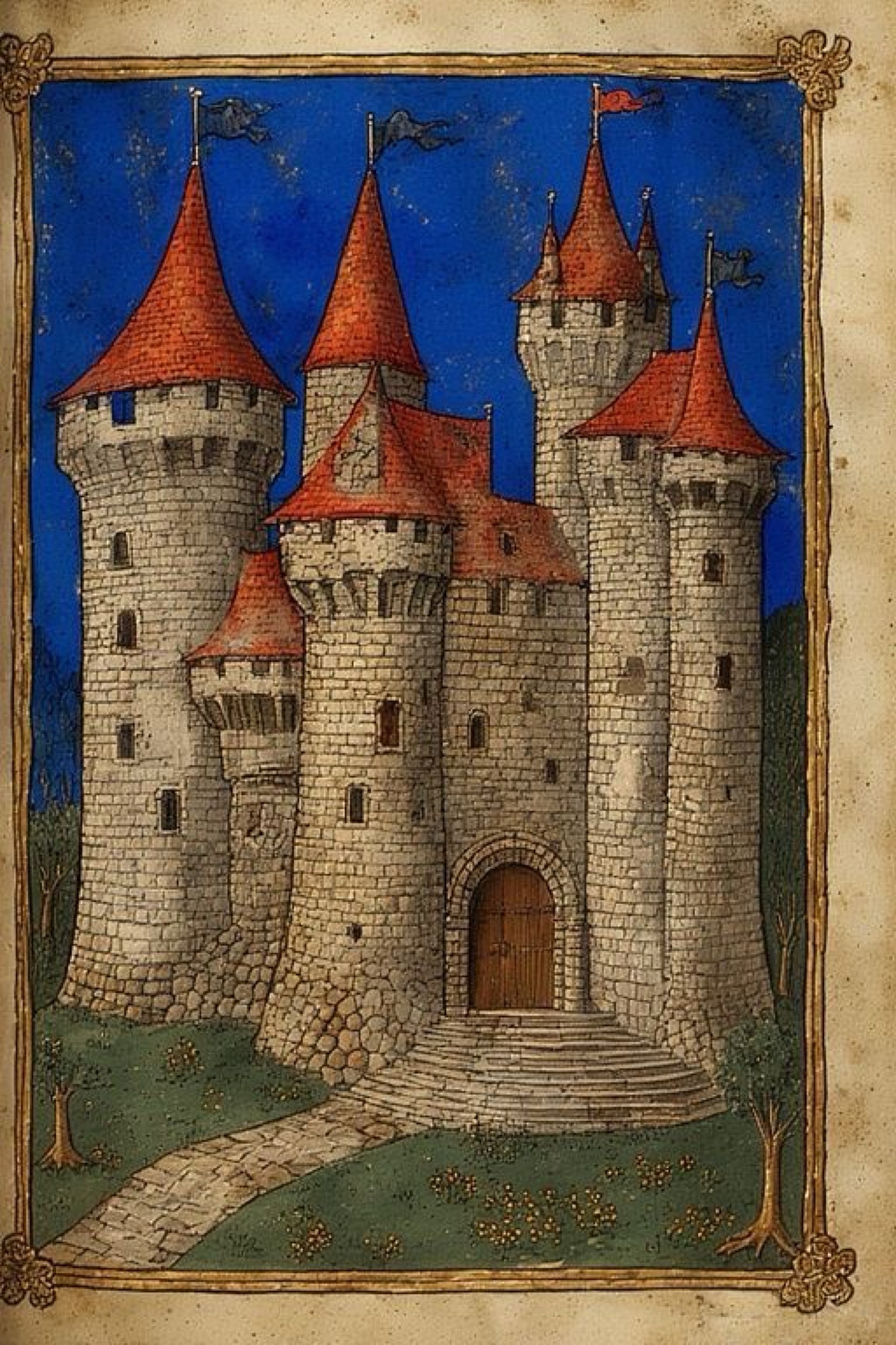 Castillo iluminado de torres rojas
