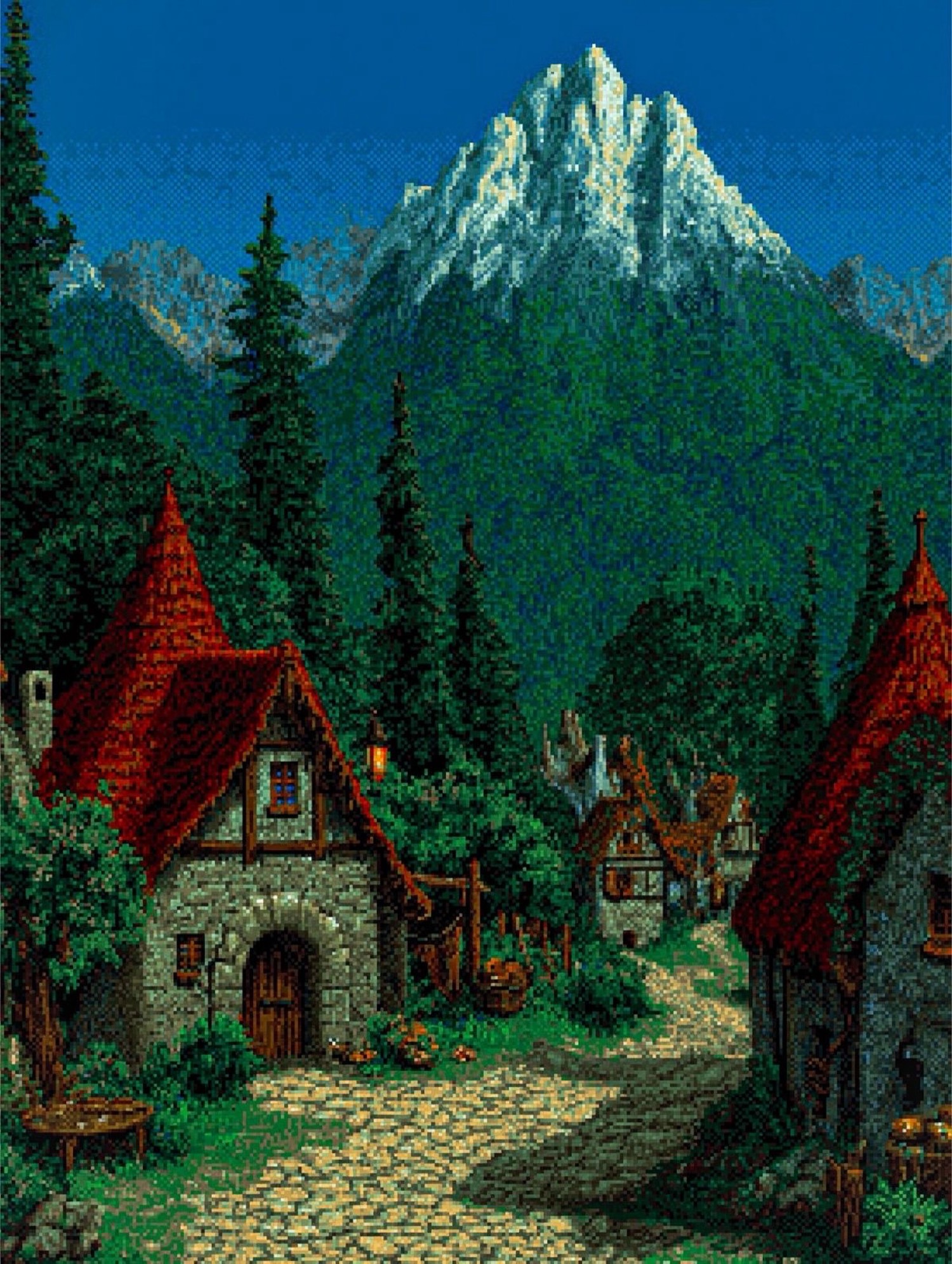 Aldea pixel al pie de la montaña