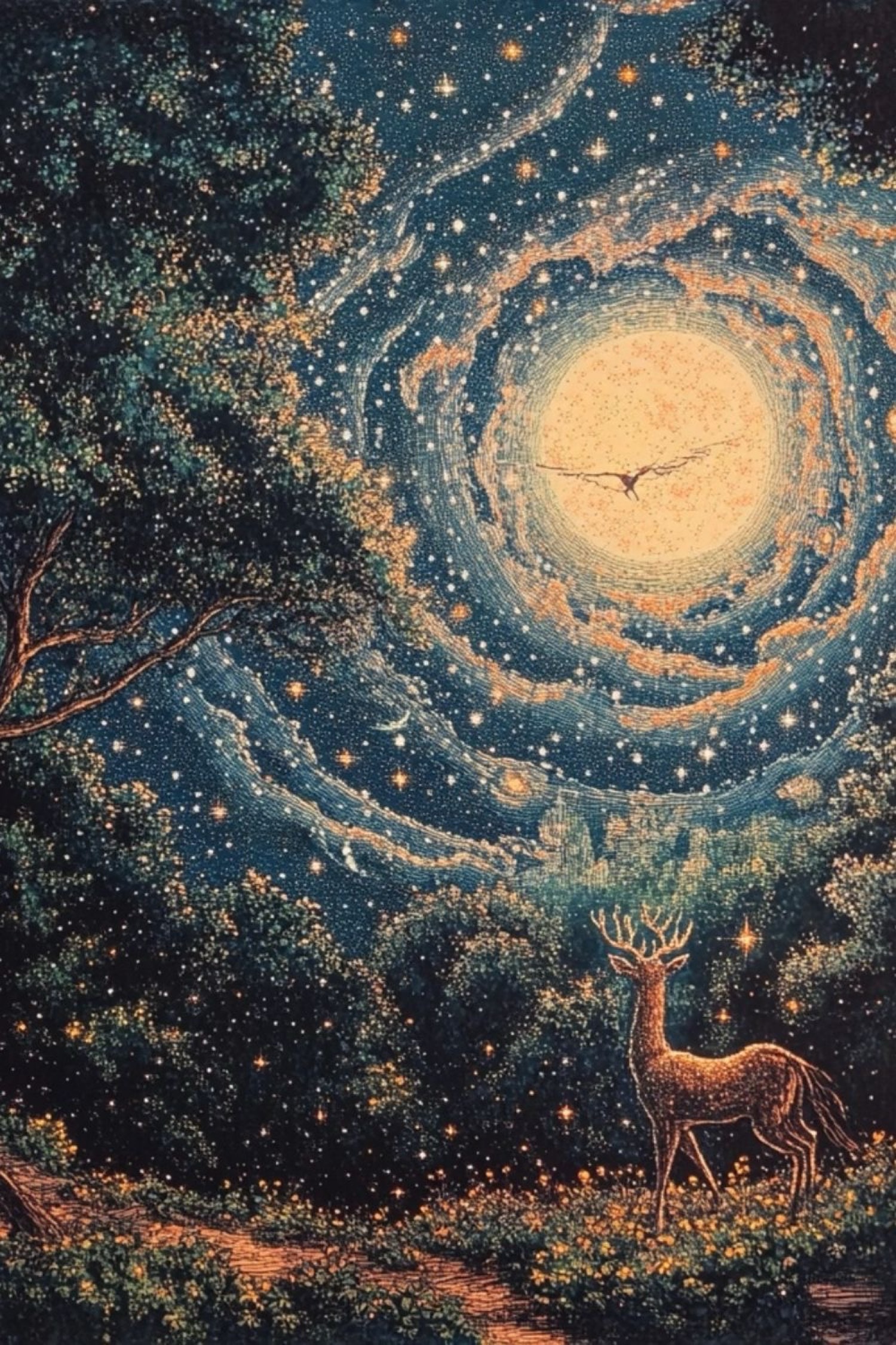 Ciervo bajo el remolino de estrellas