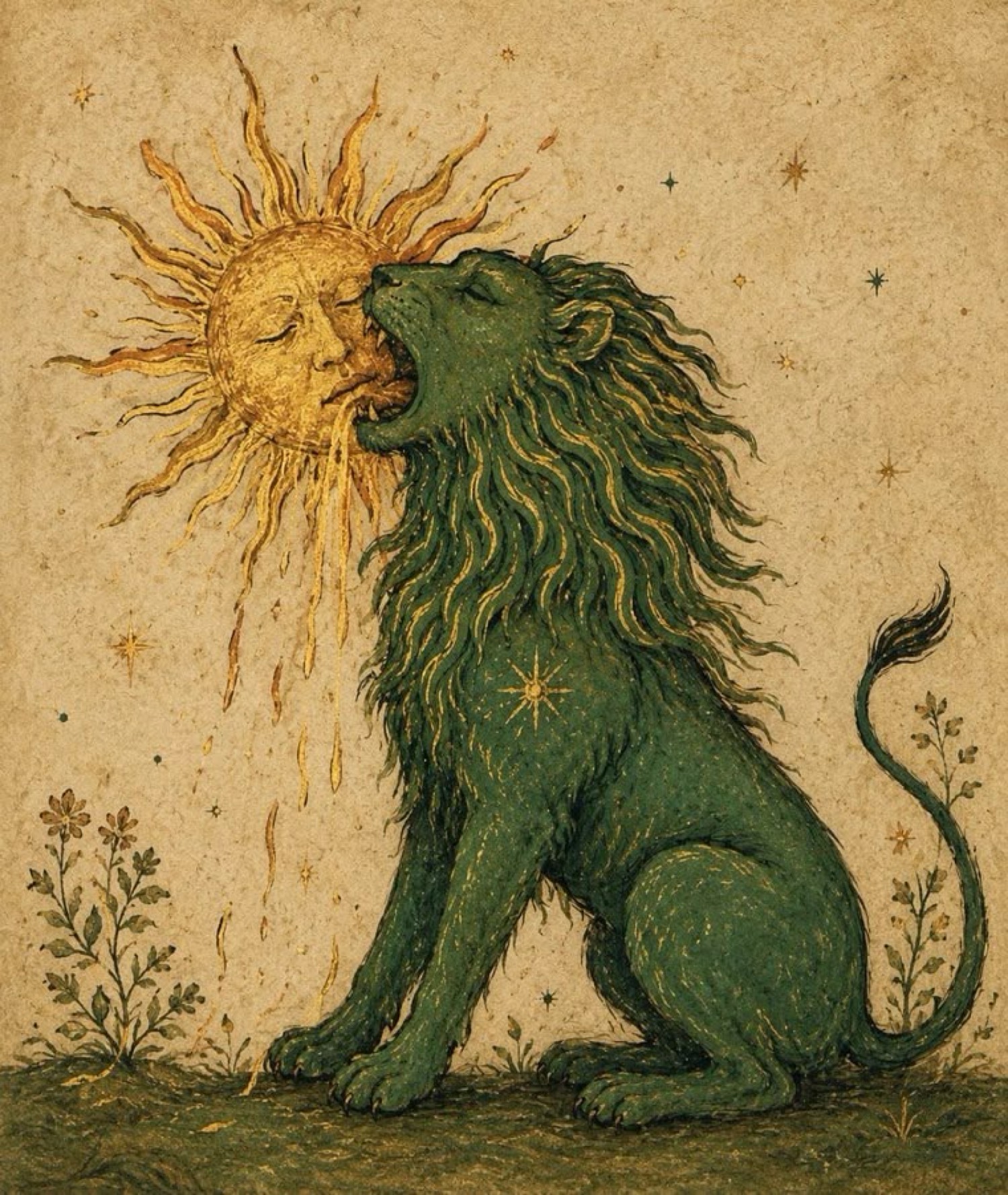 León verde que bebe el sol