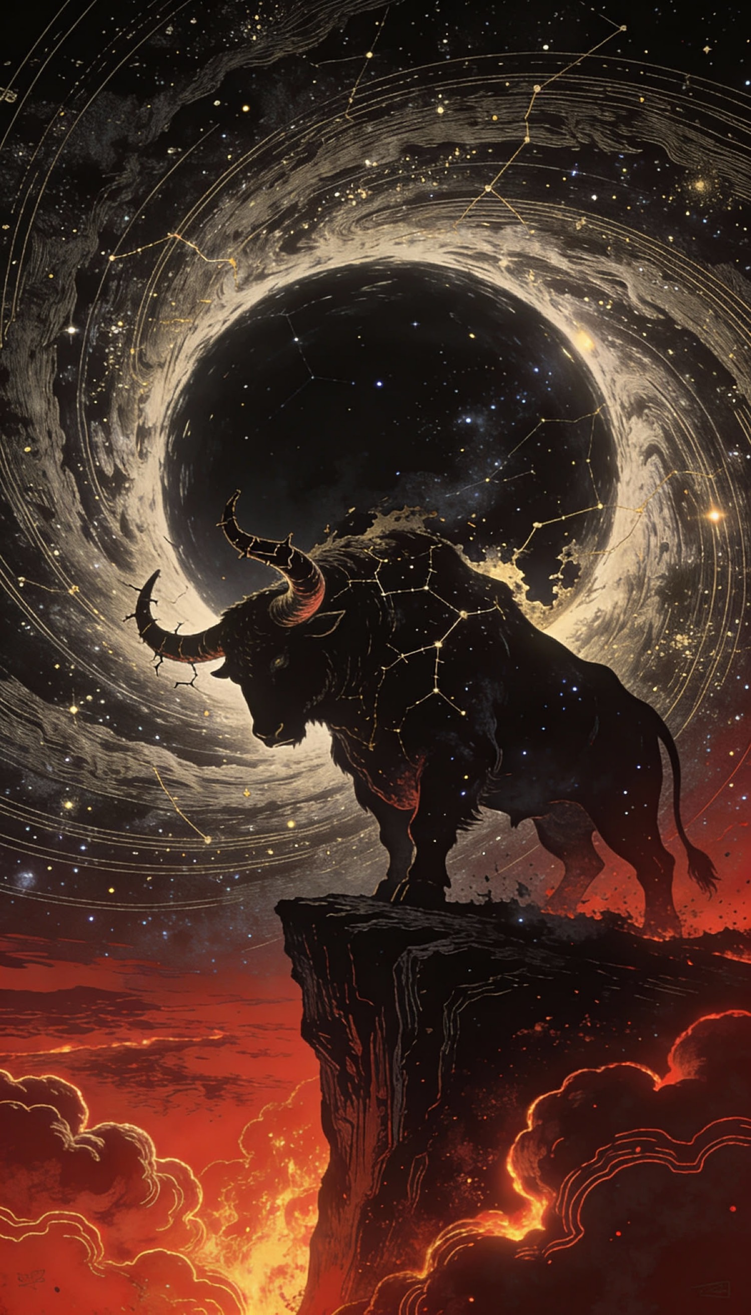 Toro de constelaciones en el acantilado