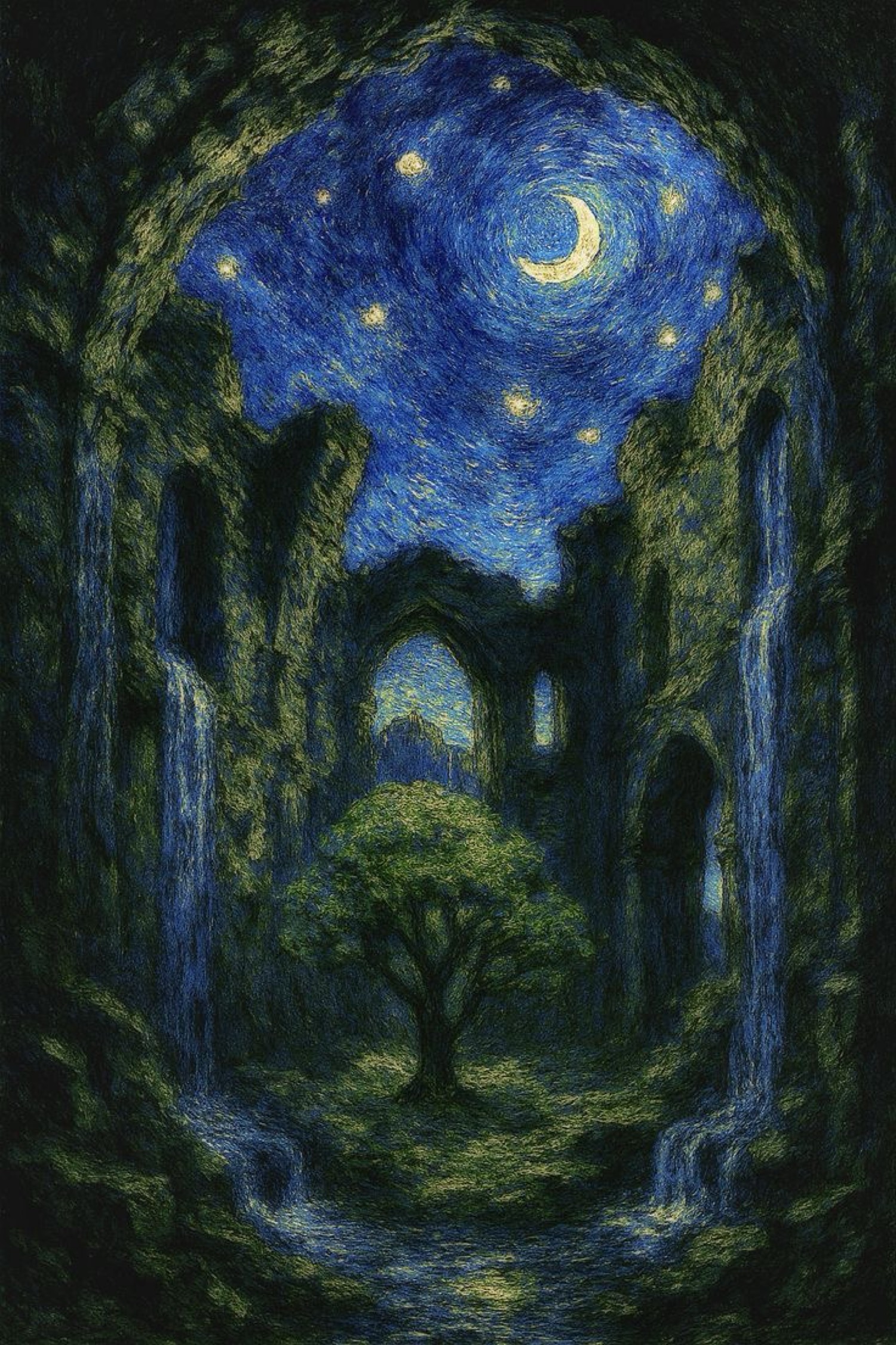 Noche estrellada con ruinas