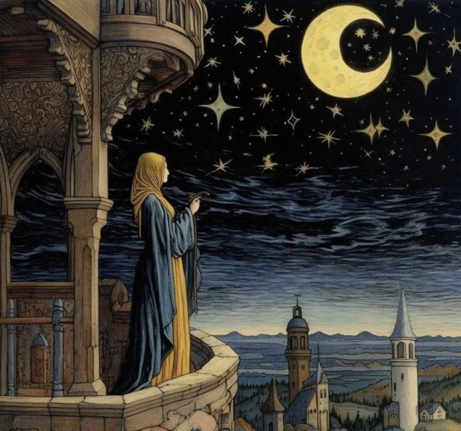 Mujer en el balcón bajo la luna